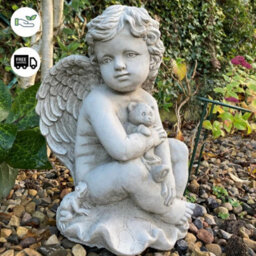 Stone Cast Cherub Ornament With Teddy On Hand - thumbnail 3