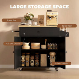 Kitchen Island With Drop Leaf, Rolling Kitchen Storage Trolley On Wheels Black - thumbnail 3