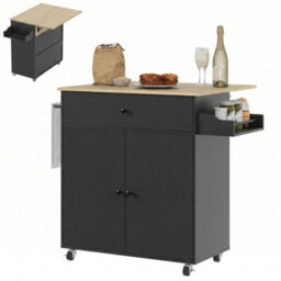 Kitchen Island With Drop Leaf, Rolling Kitchen Storage Trolley On Wheels Black - thumbnail 1