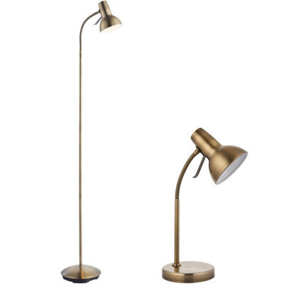 Standing Floor & Table Lamp Set Antique Brass Adjustable Neck Living Room Light - image 1
