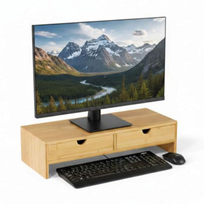 Osco Bamboo Monitor Stand Riser With 2 Drawers - Fully Assembled Sustainable Moso Desk Raiser For Computer Or Laptop - Natural