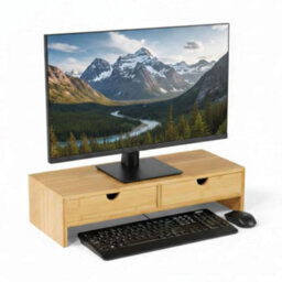 Osco Bamboo Monitor Stand Riser With 2 Drawers - Fully Assembled Sustainable Moso Desk Raiser For Computer Or Laptop - Natural
