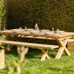 Timber Foundry Chunky Rustic Farmhouse X-Leg Table Set 8-10 Seater Table With 2 Benches - thumbnail 1