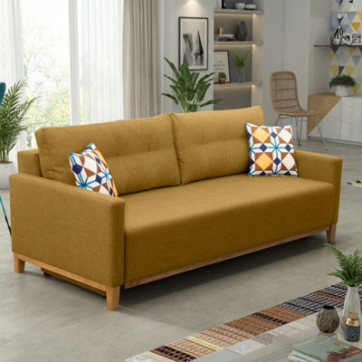 Ariel Fabric Sofa Bed With Foam Wave Springs Wooden Frame Loose Back Cushions Storage 213 X 101 X 91 Cm Mustard - image 1