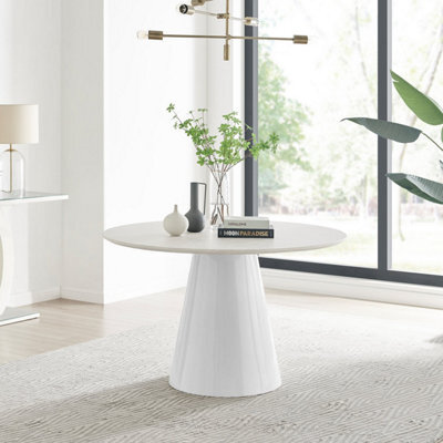 Furniturebox Palma 120Cm 6 Seater Round Beige Stone Effect Dining Table With Pedestal Pillar Base - image 1