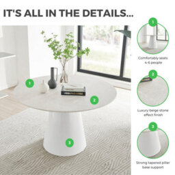 Furniturebox Palma 120Cm 6 Seater Round Beige Stone Effect Dining Table With Pedestal Pillar Base - thumbnail 9