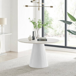 Furniturebox Palma 120Cm 6 Seater Round Beige Stone Effect Dining Table With Pedestal Pillar Base