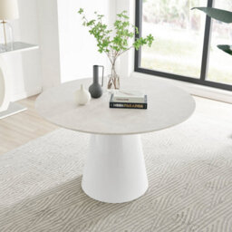Furniturebox Palma 120Cm 6 Seater Round Beige Stone Effect Dining Table With Pedestal Pillar Base - thumbnail 6