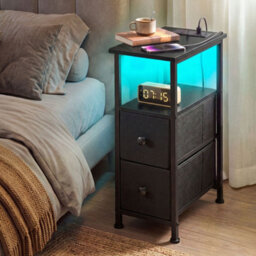 Levede Bedside Table Narrow Side Table With Led Light Charging Station Black - thumbnail 1