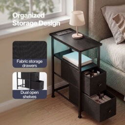 Levede Bedside Table Narrow Side Table With Led Light Charging Station Black - thumbnail 7