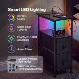 Levede Bedside Table Narrow Side Table With Led Light Charging Station Black - thumbnail 5