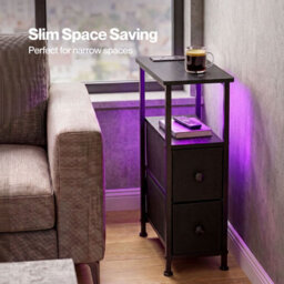 Levede Bedside Table Narrow Side Table With Led Light Charging Station Black - thumbnail 8