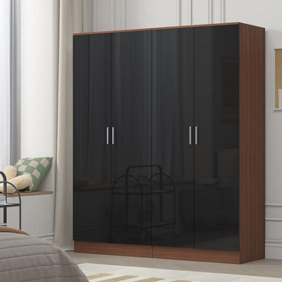 Reflect 2X 2 Door Plain Wardrobe Bundle - Black Gloss & Walnut - Rails & Shelves - H: 180Cm X W: 152Cm - Modern Sleek Design - image 1