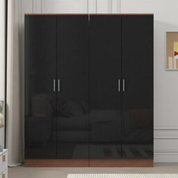 Reflect 2X 2 Door Plain Wardrobe Bundle - Black Gloss & Walnut - Rails & Shelves - H: 180Cm X W: 152Cm - Modern Sleek Design - thumbnail 3