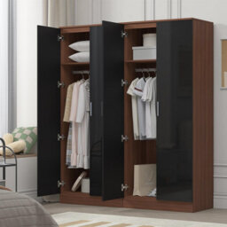Reflect 2X 2 Door Plain Wardrobe Bundle - Black Gloss & Walnut - Rails & Shelves - H: 180Cm X W: 152Cm - Modern Sleek Design - thumbnail 2