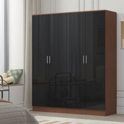 Reflect 2X 2 Door Plain Wardrobe Bundle - Black Gloss & Walnut - Rails & Shelves - H: 180Cm X W: 152Cm - Modern Sleek Design - thumbnail 1