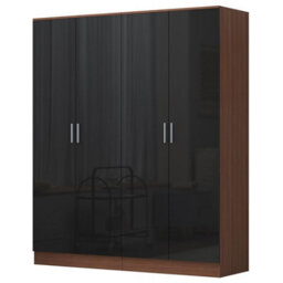 Reflect 2X 2 Door Plain Wardrobe Bundle - Black Gloss & Walnut - Rails & Shelves - H: 180Cm X W: 152Cm - Modern Sleek Design - thumbnail 5