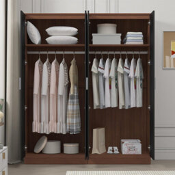Reflect 2X 2 Door Plain Wardrobe Bundle - Black Gloss & Walnut - Rails & Shelves - H: 180Cm X W: 152Cm - Modern Sleek Design - thumbnail 4