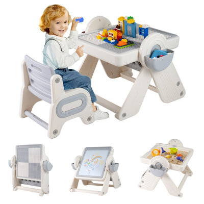 Gainoom 9-In-1 Kids Grey Activity Table & Chair Set Folding & Rotating Art Easel Table Water & Sand Sensory Play Table 18 Month+ - image 1