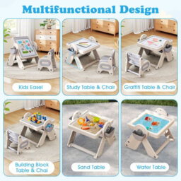 Gainoom 9-In-1 Kids Grey Activity Table & Chair Set Folding & Rotating Art Easel Table Water & Sand Sensory Play Table 18 Month+ - thumbnail 8
