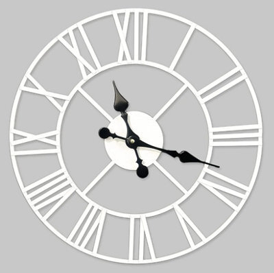 Large Skeleton Metal Roman Wall Clock Big Numerals Giant Round Open Face Clocks White 40Cm - image 1