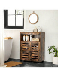 Songmics Vasagle Bathroom Cabinet Storage Cabinet 4 Tier Rustic Chic Shelf 60 X 30 X 80 Cm With Louver Doors, Compartments, Rustic Brown - thumbnail 2