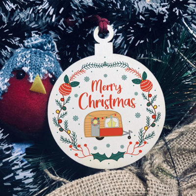 Red Ocean Novelty Caravan Bauble Design Hanging Wood Decoration - image 1