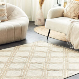 Beliani Handwoven Boho Rug 140 X 200 Cm - Off White Beige Cotton-Wool Geometric - thumbnail 1