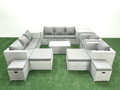 Fimous 11 Pieces Rattan Garden Furniture Set Outdoor Garden Sofa Chair Coffee Table Set 4 Stools Side Tables Light Grey - image 1