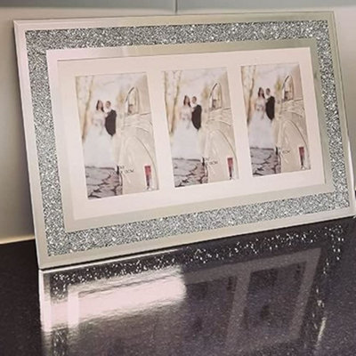 Biznest Silver Diamante Crushed Crystal Photo Frame Multi Aperture Picture For 3 Photos 4X6 Inch (48Cmx29Cm)