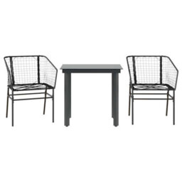 Berkfield 3 Piece Garden Dining Set Black Poly Rattan Glass - thumbnail 2