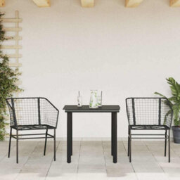 Berkfield 3 Piece Garden Dining Set Black Poly Rattan Glass - thumbnail 3