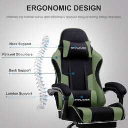 Luckracer Fabric Gaming Chair, Massage Ergonomic Computer Chair With Footrest, Lumbar Support, Home Office Pc Racing Chairs, Green - thumbnail 3