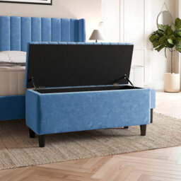 180Cm Lined Upholstered Ottoman Storage Box - Duck Egg Plush Velvet Blanket Storage Box With Wooden Legs - thumbnail 2