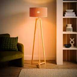 Valuelights Lottie Wooden Tripod Floor Lamp With Orange Checkerboard Bamboo Shade And Bulb