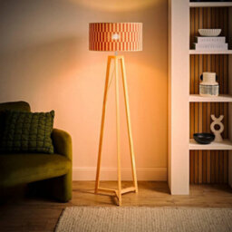 Valuelights Lottie Wooden Tripod Floor Lamp With Orange Checkerboard Bamboo Shade And Bulb - thumbnail 3