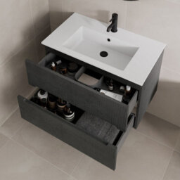 Affine 800mm Bathroom Cloakroom Vanity Unit Basin Sink Wall Hung Black Fluted Unit - thumbnail 3