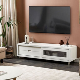Wyld And Coco Novacasa Tv Stand White High-Gloss Sliding Door With 2 Drawers - Wide Modern Tv Unit - thumbnail 2