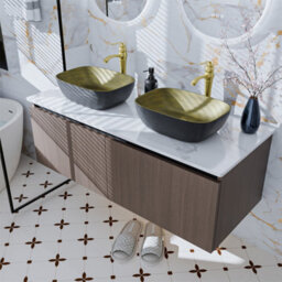 Luvodi 120Cm Bathroom Vanity Unit With 2 Sinks Bathroom Vanity Unit, Waterproof Pvc Countertop, Copper Faucet And Hoses