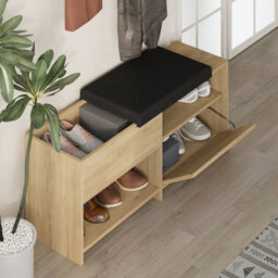 Decortie Modern Filux Shoe Bench Rack Oak Sliding Fabric Seat And 120.3(W) Storage Cabinet 2-Tier Open Shelves Hallway - thumbnail 2