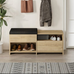 Decortie Modern Filux Shoe Bench Rack Oak Sliding Fabric Seat And 120.3(W) Storage Cabinet 2-Tier Open Shelves Hallway