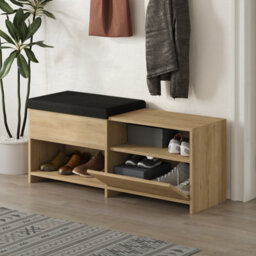 Decortie Modern Filux Shoe Bench Rack Oak Sliding Fabric Seat And 120.3(W) Storage Cabinet 2-Tier Open Shelves Hallway - thumbnail 4
