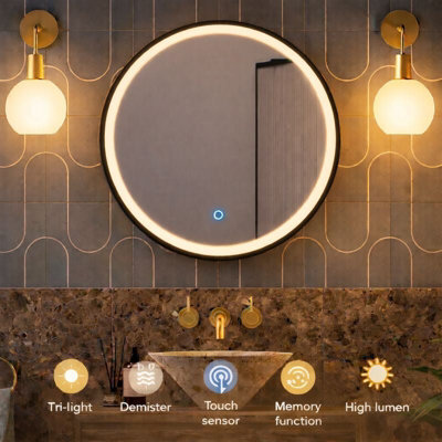Lumora 600mm Round Matt Black Led Bathroom Mirror Dimmable Tri Light Anti Fog - image 1