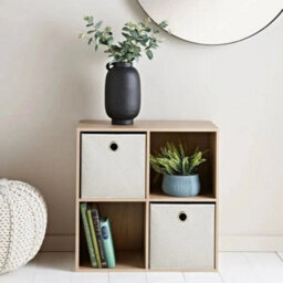 Oak 4 Cube, 2 Baskets Wooden Bookcase Shelving Storage Display Shelves Stand Unit - thumbnail 2