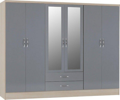 Seconique Nevada 6 Door 2 Drawer Mirrored Wardrobe In Grey Gloss And Oak Effect Finish - image 1