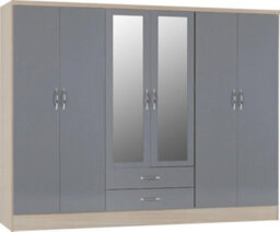 Seconique Nevada 6 Door 2 Drawer Mirrored Wardrobe In Grey Gloss And Oak Effect Finish