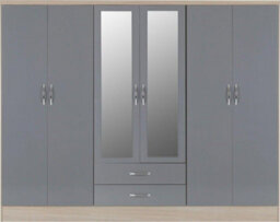 Seconique Nevada 6 Door 2 Drawer Mirrored Wardrobe In Grey Gloss And Oak Effect Finish - thumbnail 2