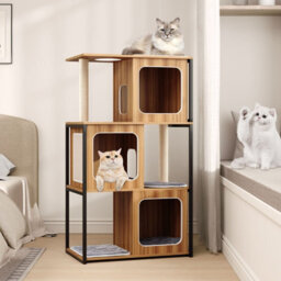 Costway Modern Cat Tree For Indoor Kittens Cat Tower House W/ Metal Frame-Natural - thumbnail 9