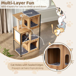 Costway Modern Cat Tree For Indoor Kittens Cat Tower House W/ Metal Frame-Natural - thumbnail 3
