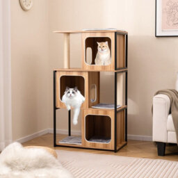 Costway Modern Cat Tree For Indoor Kittens Cat Tower House W/ Metal Frame-Natural - thumbnail 7